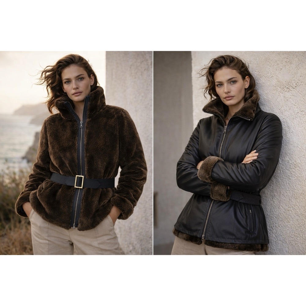 Faconnable VTG Reversible Shearling Jacket S/M Genuine Lamb Leather Fur Belted